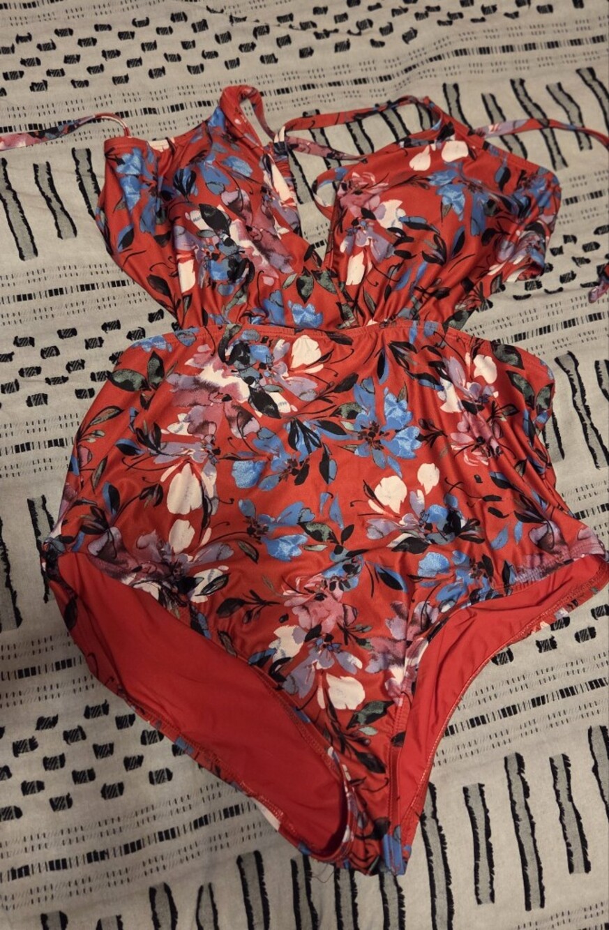 Modcloth The Sonia Floral Red One-Piece Swimsuit with Cutout And Tie Back XL - Picture 4 of 7